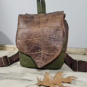 Leaf Mini Backpack, 8" by 10" Fabric Faux Leather flap backpack, Olive Green, Black, or Rust, handmade USA