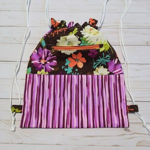 Floral Cinch Backpack: Lined Cotton Drawstring Tote, Zippered Pocket, Handmade USA