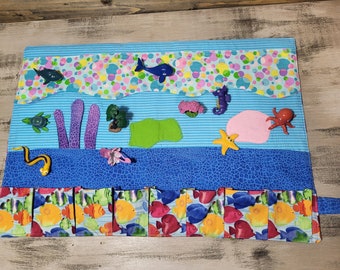 Travel Roll Up 18" Play Mat Ocean Animals Pretend Play, 10 Toys included, Handmade USA