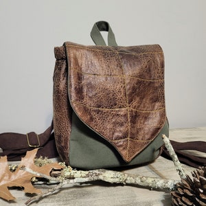 Leaf Mini Backpack, 8" by 10" Fabric Faux Leather flap backpack, Olive Green, Black, or Rust, handmade USA