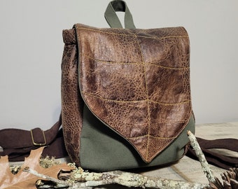 Leaf Mini Backpack, 8" by 10" Fabric Faux Leather flap backpack, Olive Green, Black, or Rust, handmade USA