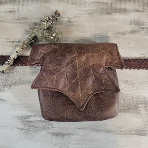 Maple Leaf Renaissance Faire Belt Pouch: Faux Leather Festival Bag, 8x8 belt loop waist satchel, handcrafted Georgia USA Distressed Walnut
