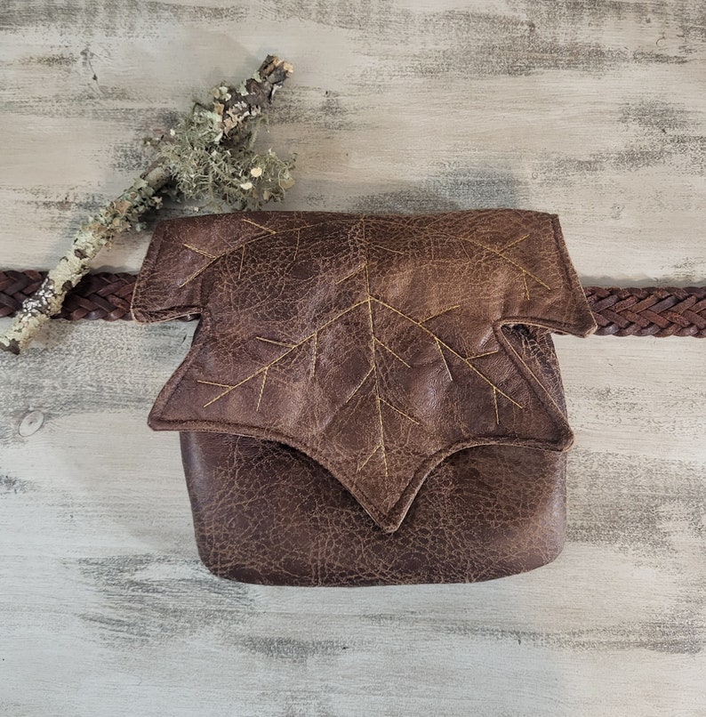 Maple Leaf Renaissance Faire Belt Pouch: Faux Leather Festival Bag, 8x8 belt loop waist satchel, handcrafted Georgia USA Distressed Walnut