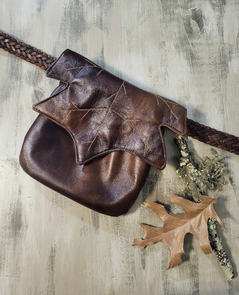 Maple Leaf Renaissance Faire Belt Pouch: Faux Leather Festival Bag, 8x8 belt loop waist satchel, handcrafted Georgia USA Saddle Brown