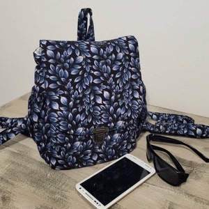 Navy Blue Leaf Mini Backpack, 8" x  10" small cotton fabric backpack, leaf floral on black purse backpack, Handmade USA