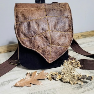 Leaf Mini Backpack, 8&quot; by 10&quot; Fabric Faux Leather flap backpack. Color Options Peacock Green, Black, Maroon, Toffee, handcrafted Georgia USA
