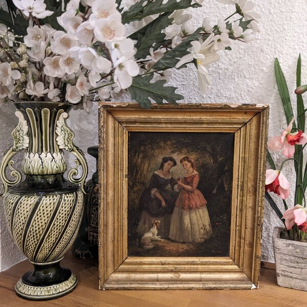 Antique French women oil painting , 2 women in a garden, 19th century French autographed oil painting.