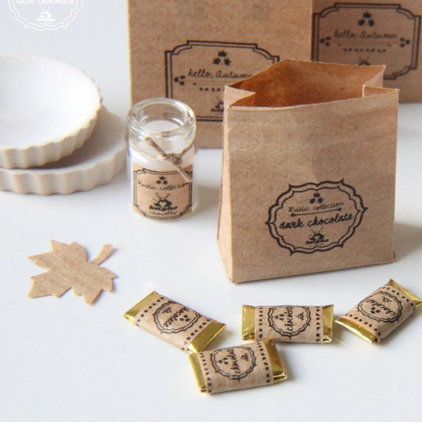 Dollhouse Miniature Food - Set Of 4 Chocolate Bars in paper bag in 1/12 dollhouse miniature scale.