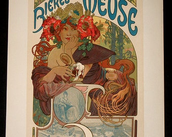 1899 original maitres de l'affiche poster -  MUCHA Bières de la Meuse - Exceptional Artwork