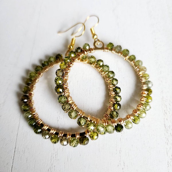 Handmade Wirewrapped Semi-precious Zircon Hoop Earrings, Olive Green Zircon Bohemian Hoop Earrings, Beaded Earrings