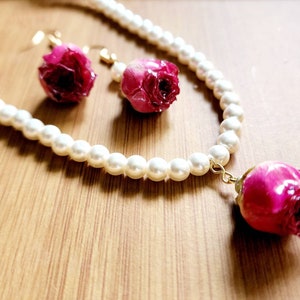Handmade Real Rosebud and Glass Pearl Necklace and Earrings Set