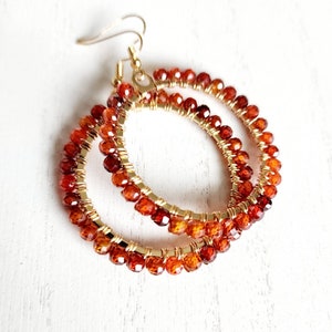 Handmade Wirewrapped Semi-precious Zircon Hoop Earrings, Orange Zircon Bohemian Hoop Earrings, Beaded Earrings