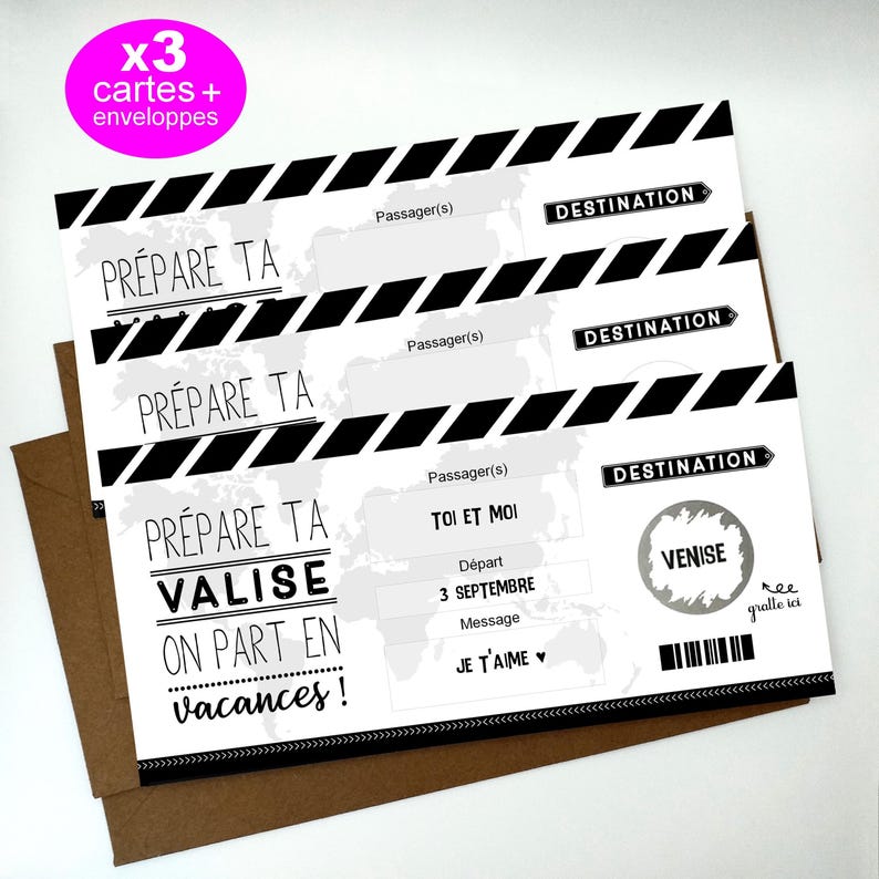Carte à gratter,Voyage,Ticket embarquement, billet avion,Surprise, cadeau 3 CARTES "VACANCES"