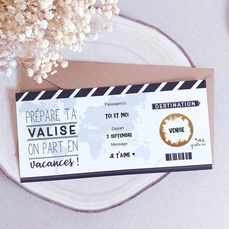 Carte à gratter,Voyage,Ticket embarquement, billet avion,Surprise, cadeau image 1