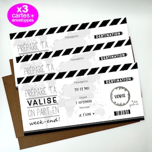 Carte à gratter,Voyage,Ticket embarquement, billet avion,Surprise, cadeau 3 CARTES "WEEK-END"