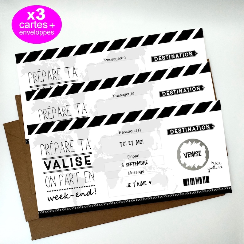 Carte à gratter,Voyage,Ticket embarquement, billet avion,Surprise, cadeau 3 CARTES "WEEK-END"