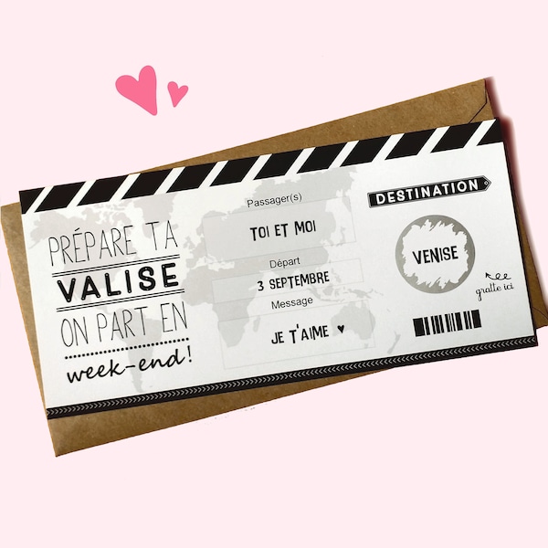 Carte à gratter,Voyage,week-end,vacances,Ticket embarquement, billet avion,Surprise, cadeau