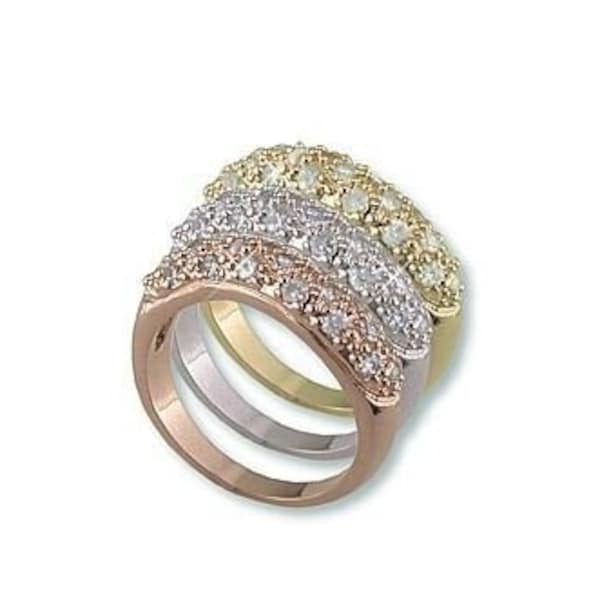 Stackable Rings- Pave Clear 5A CZ Tri-Color Rhodium-Rose-Gold Dome Eternity Stackable 3 Ring Set