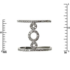 May include: A silver ring with three circles of pave set diamonds. The circles are connected by a thin band of silver. The ring is approximately 0.5 inches in diameter.