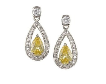 Halo Dangle Earring - 3ctw Pave + Yellow Canary Cubic Zirconia Open Halo Tear Drop Rhodium Earrings - Trendy, Modern, Art Deco