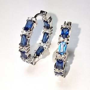 Hoop Earring-Blue Sapphire Baguette & Clear CZ Cubic Inside Outside Rhodium Hoop Earrings Trendy, Modern, ArtDeco