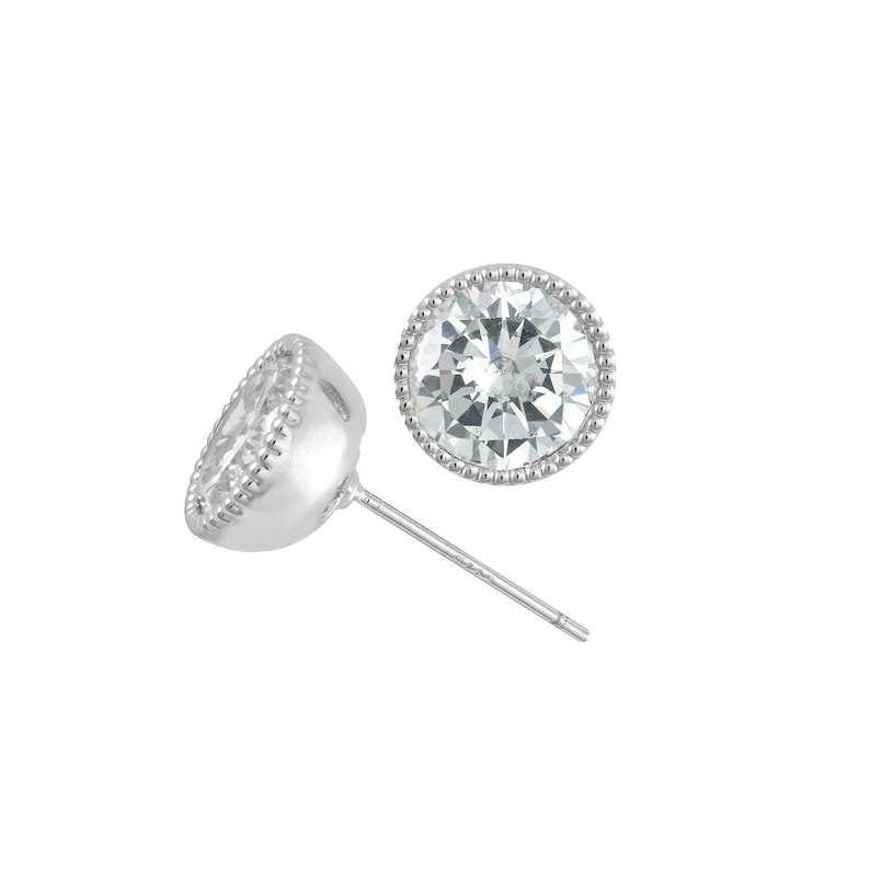 Stud Earrings Glitzy 5A Cubic Zirconia Bezel Set Beaded Halo Rhodium