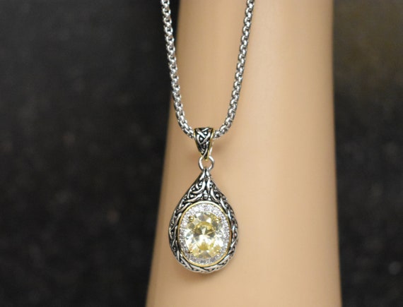 Pendant Necklace- Antique Tone Weave Design Tear Drop Canary Yellow  Clear CZ pendant Necklace- Trendy, Modern, High Quality, Art Deco