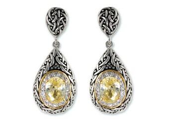 Dangle Earring - Antique 2 Tone Weave Design Tear Drop Yellow Canary & Clear CZ Dangle Earrings - Trendy, Modern, Art Deco