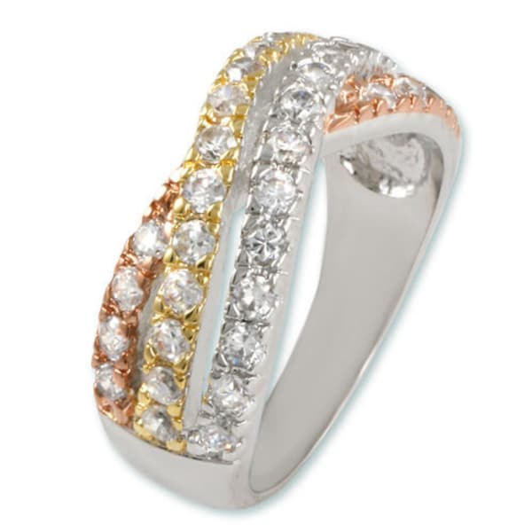 Cross Over Ring-Tri Color White, Gold & Rose Cubic Zirconia 3 Staked Bypass Ring-GORGEOUS. Modern, Trendy, High Quality