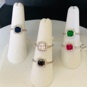 Dainty Square Pave Clear And Colored (Black, Clear, Ruby, Emerald or Sapphire) AAA Cubic Zirconia Halo Ring