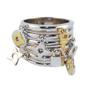 Two-Tone Stacked Shiny Rhodium Plated Charm Dangle Band Ring Wide 15mm-Best Seller