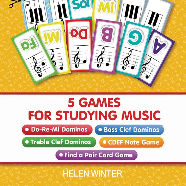 5 jeux pour étudier la musique : Do-Re-Mi Dominos, Bass Clef Dominos, Treble Clef Dominos, CDEF Note Game, Find a Pair Card Game