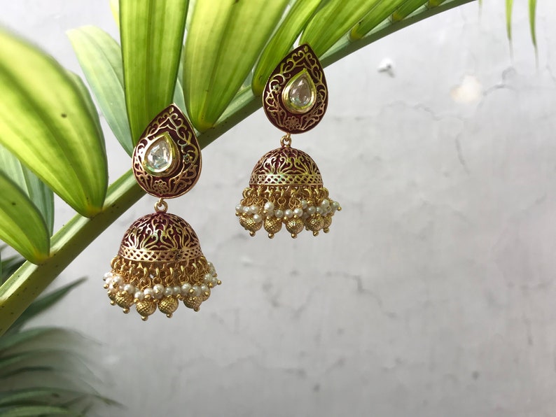 Kundan jhumka earring,meenakari jhumka,pearl drop earring,Gold jhumka,traditional earrings,indian bridal jewelry,Indian mother/'s gift