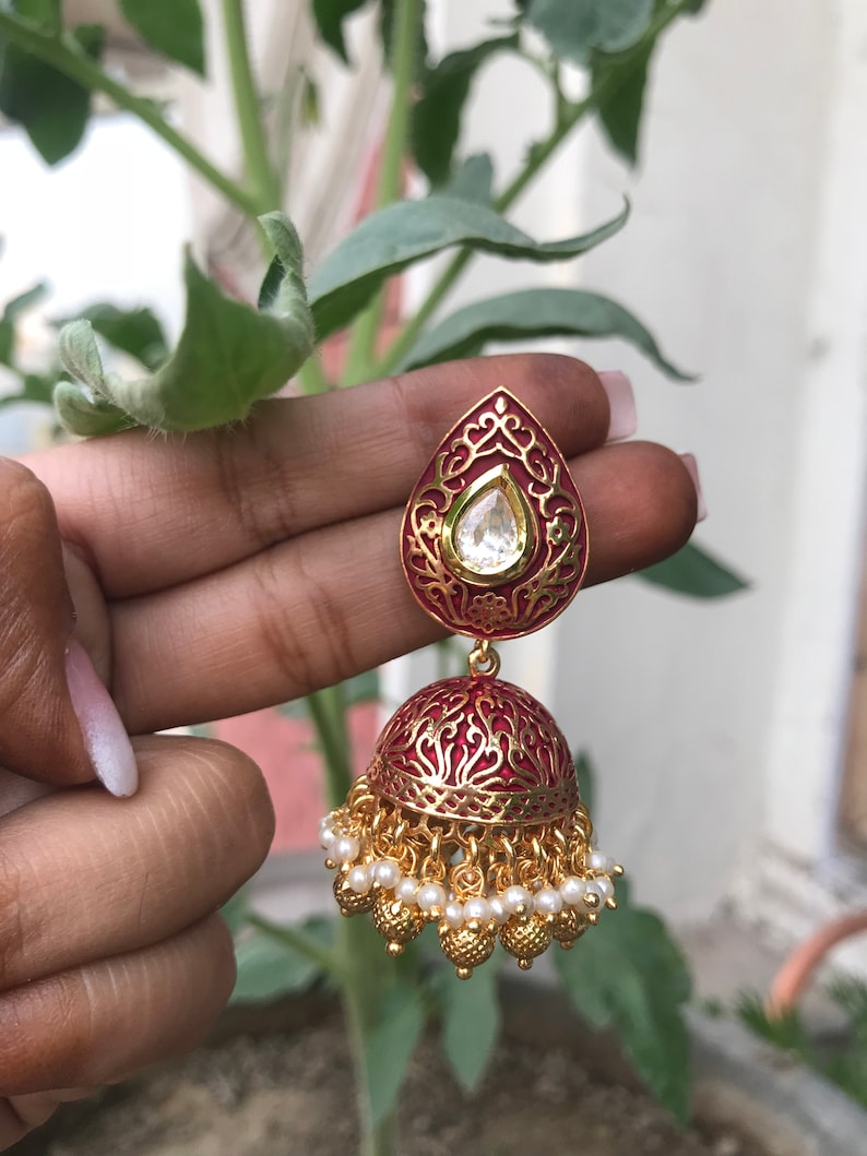 Kundan jhumka earring,meenakari jhumka,pearl drop earring,Gold jhumka,traditional earrings,indian bridal jewelry,Indian mother/'s gift