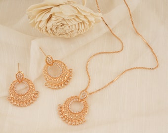 Diamond filigree pendant set,gold pendant ,indian Jewelry, minimalist  jewellery, CZ Bridal Jewelry, Wedding jewelry