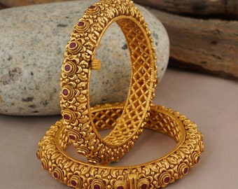 Gold Bangle set, Wedding Bangles, Pakistani Bangles, Indian Antique Ruby Gold Plated Brass Bangles By Smars Jewelry