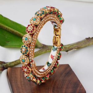 Indian Bangle, Multicolour Pearl Bangles, Traditional Kundan Pearl Bracelet, Emerald Ruby Stone Bangle By Smars Jewelry