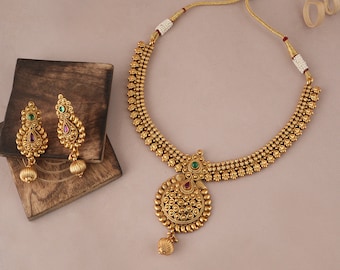 Indian necklace set , Gold Indian wedding necklace set, Royal antique gold plated necklace set by smars jewelery