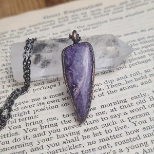Charolite copper electroformed purple crystal necklace, unique handmade fantasy statement pendant, ready to ship, elegant jewellery