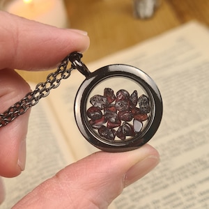 Garnet January birthstone gunmetal floating locket, birthstone crystal necklace, January jewellery gift idea, red garnet crystal pendant