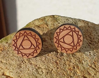 Ohrstecker Birne - Hals Chakra - 12mm Edelstahl mit Echtholz Eiche - handgemacht - Holzohrstecker für Sie und Ihn - Geschenk - Gesundheit