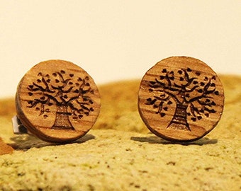 Ohrstecker Baum 12mm Edelstahl mit Echtholz Eiche - handgemacht - Holzohrstecker für Sie und Ihn - Geschenk