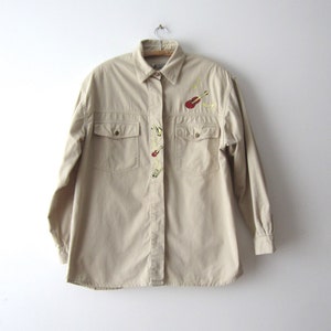 Vintage Women Denim Shirt Beige Soft Denim Western Shirt Music Festival Shirt Large Size Embroidered Violin Denim Dress Shirt