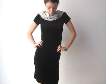 Vintage Black Knee Velvet Dress Short Sleeve Velvet Dress New Year Party Dress Velvet Formal Dress Cocktail Dresses Size Extra Small toSmall