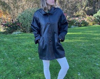 Vintage Women's Leather Parka Coat Black Leather Coat Large size Leather Long Jacket Genuine Leather Grandma Jacket 90s soft leather coat