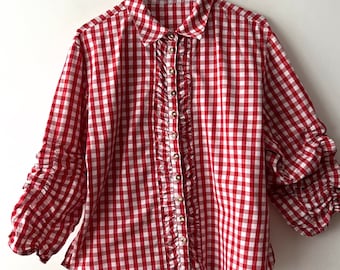 Camicia a quadri austriaca vintage Camicetta Dirndl da donna Camicia a maniche a un quarto Camicia bavarese tradizionale popolare a scacchi Camicetta Trachten media