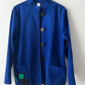 Giacca vintage in stile asiatico blu brillante, giacca in velluto a coste stile cinese, manica lunga, con tasche, camicia in velluto a coste con collo alla coreana, taglia media