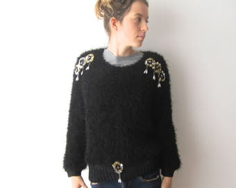 90s Black Fuzzy Sweater Embroidered Sweater Fringe Fuzzy Knitted Jumper Medium Size Hipster Sweater Vintage Pullover Club Kid Puffy Sweater