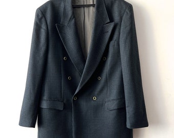 Vintage Hugo Boss Wool Double-breasted Blazer 80s sport coat Blue plaid mens blazer Retro Urban Casual Jacket Sports Coat Size Extra Large