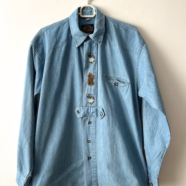 Vintage Alpen Tyrolean men shirt Denim Bavarian mens shirt Long sleeve Cotton Dirndl Shirt  Folk Oktoberfest Trachten Shirt Size Small